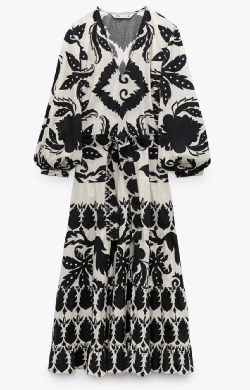 ZARA Printed Belted Maxi Dress White and Navy V Neck Long Sleeve Women's S